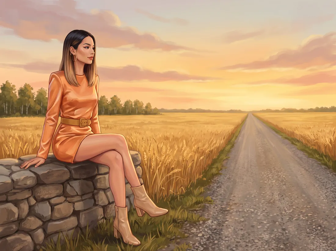 A woman sitting by an empty prairie road; Chateh: 391.6 km