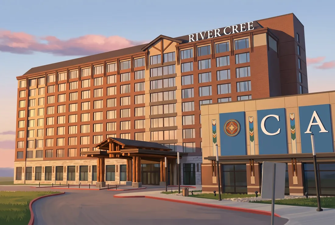 River Cree hotel tower and timber entrance